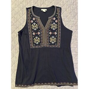 Christian Siriano Embroidered Tunic Top Large Navy Sleeveless Boho Peasant Folk